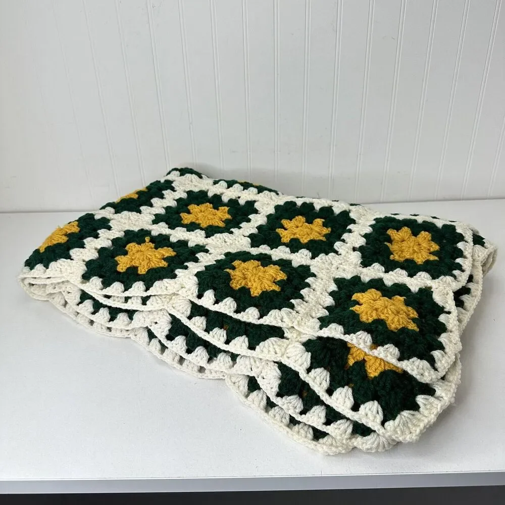 Vintage Granny Square Blanket Afghan Hand Crochet Green & Gold Roseanne 42 X 60